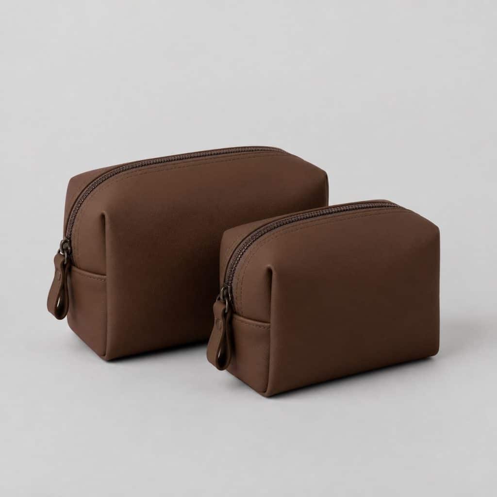 Lot de deux petites trousses de toilette marron sur fond clair