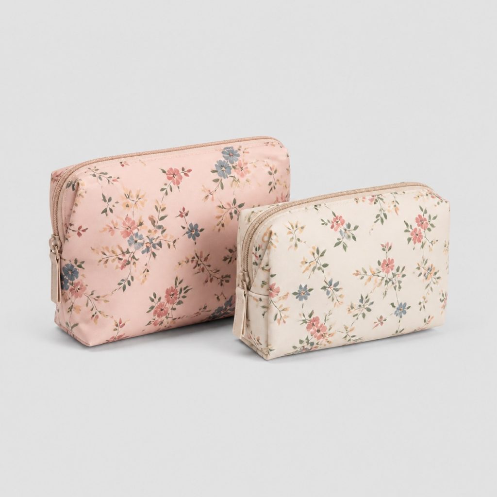 Lot de deux petites trousses de maquillage en tissu sur fond clair