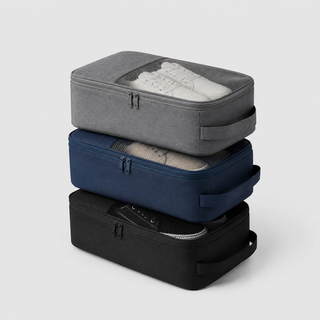 Trois sacs à chaussures de voyage zippés sur fond clair