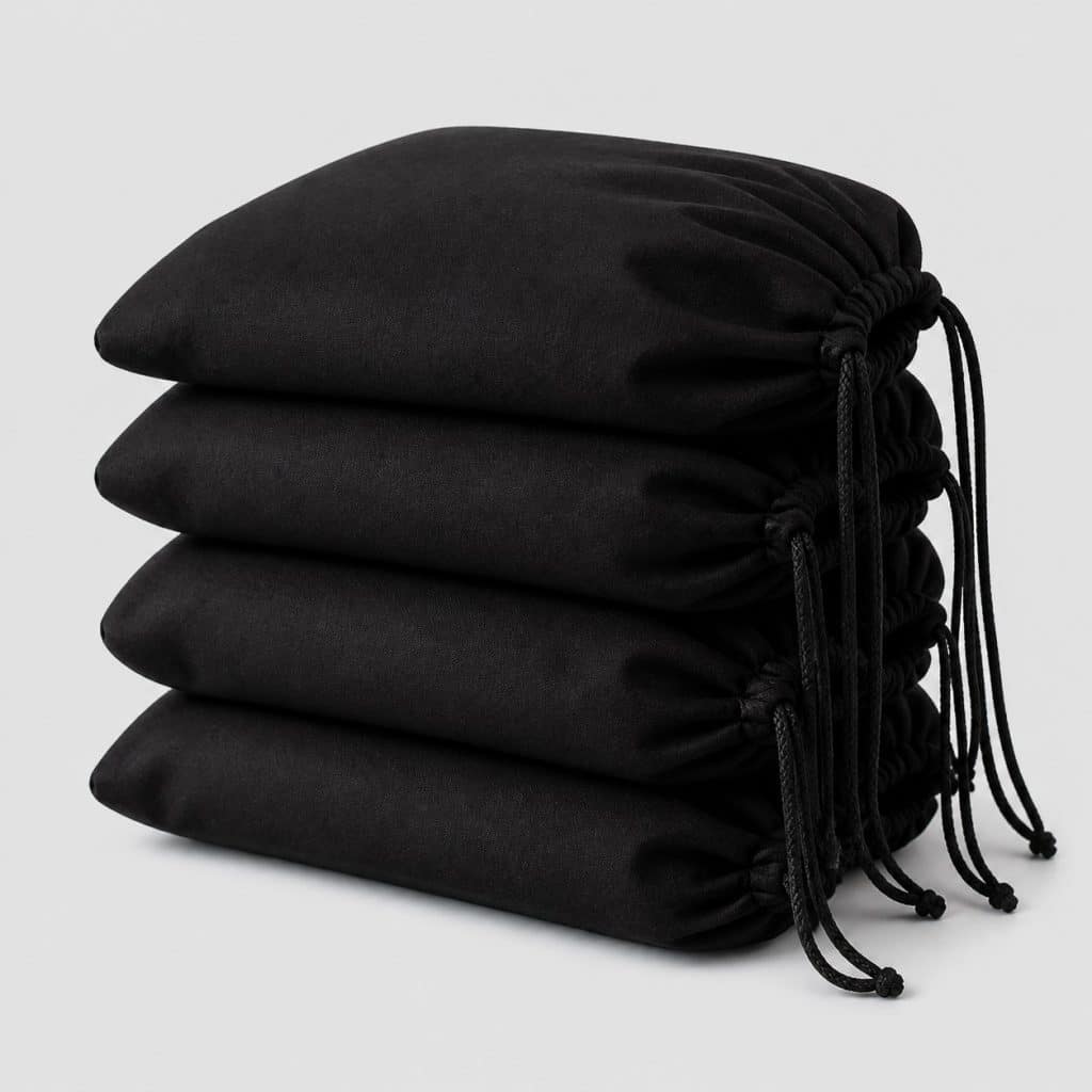 Quatre sacs à chaussures en flanelle noire à cordon sur fond clair