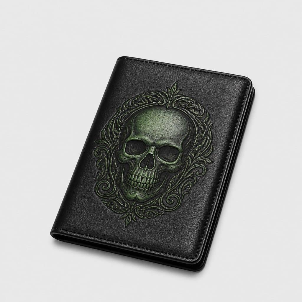 Étui passeport en cuir avec motif tête de mort vert sur fond clair