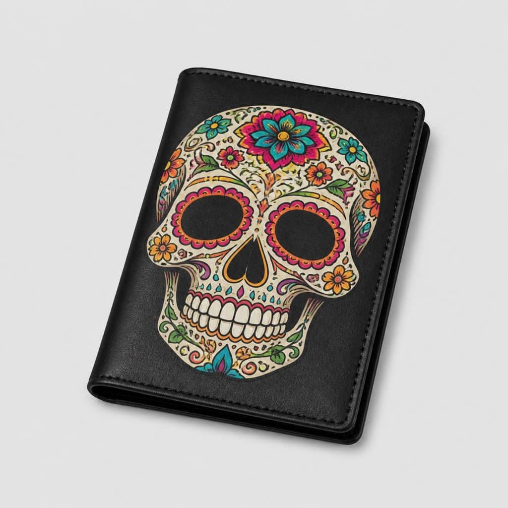 Étui passeport en cuir avec motif tête de mort coloré sur fond clair
