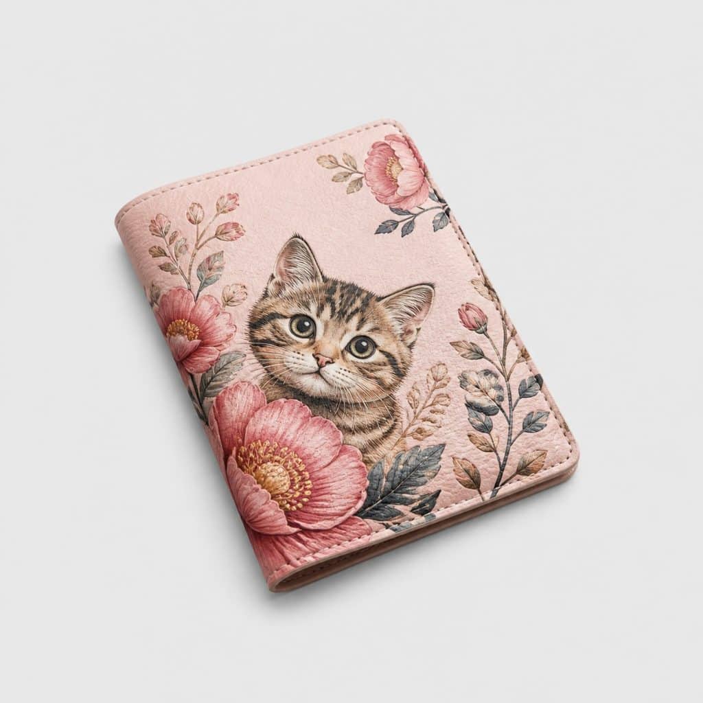 Étui passeport en cuir avec motif chat et fleurs sur fond clair