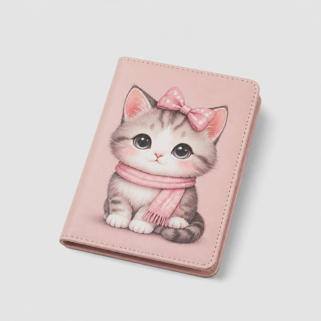 Étui passeport en cuir avec motif chat mignon sur fond clair