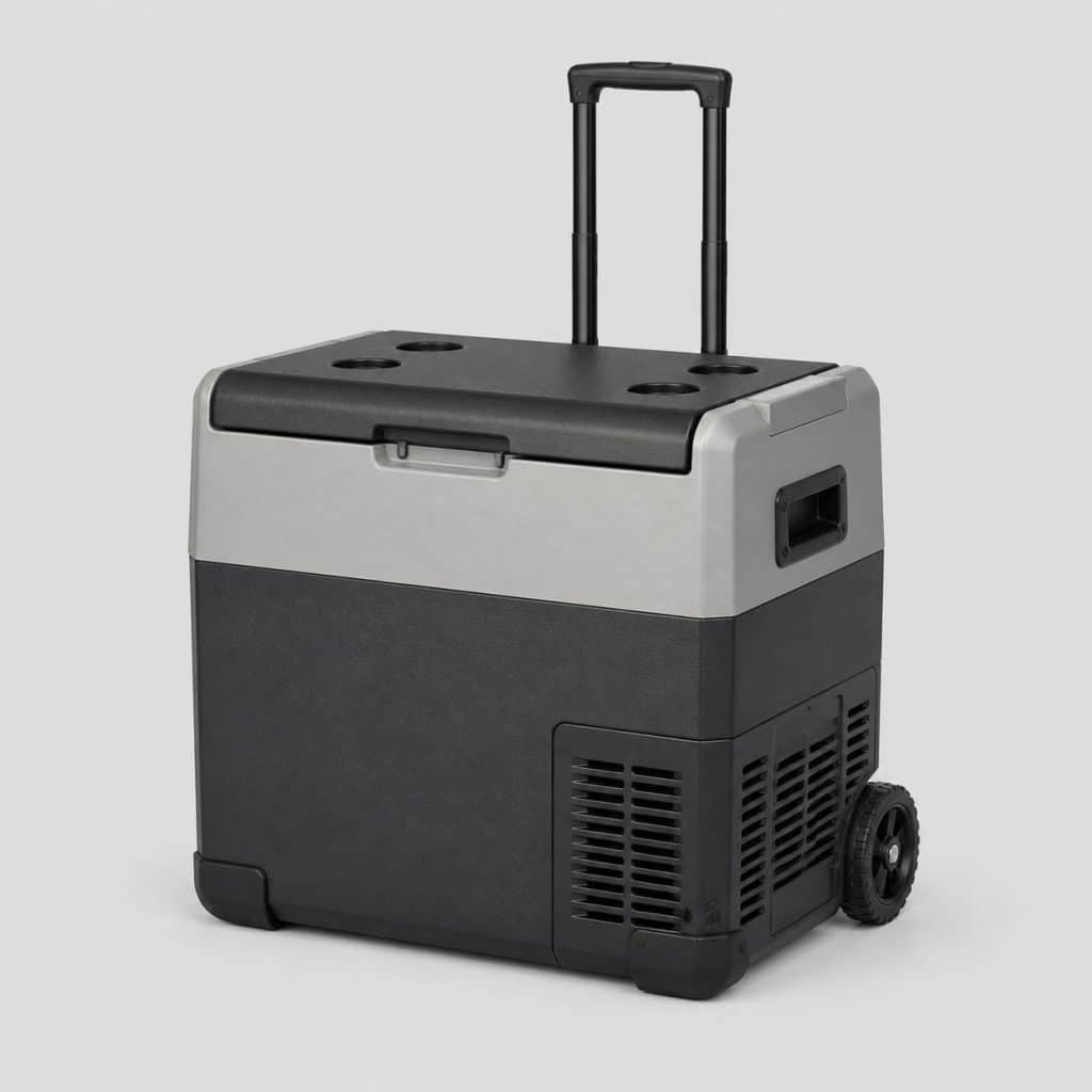 Glacière électrique à compresseur sur roues, fond clair studio