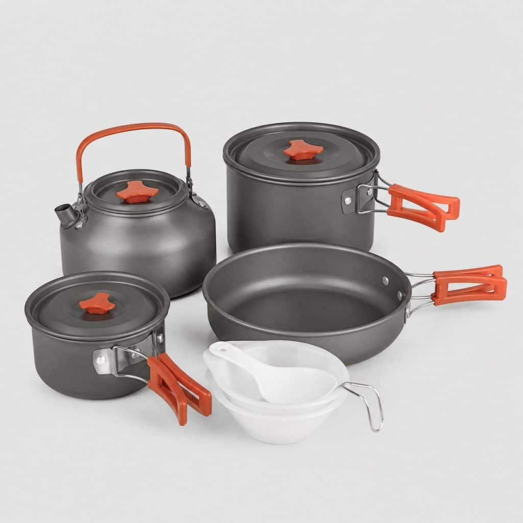 Ensemble de cuisine de camping en aluminium sur fond clair