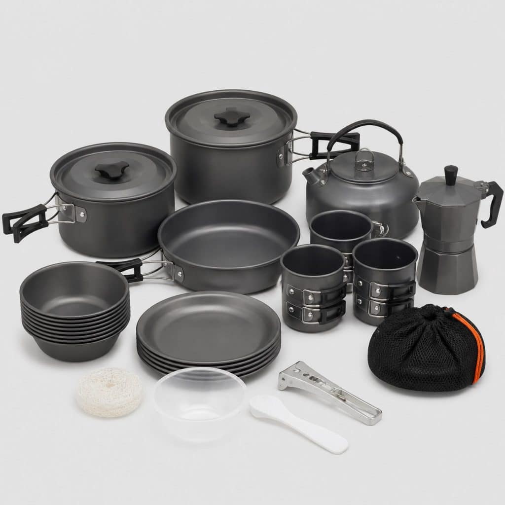 Kit de casseroles de camping 14 pièces avec cafetière sur fond clair