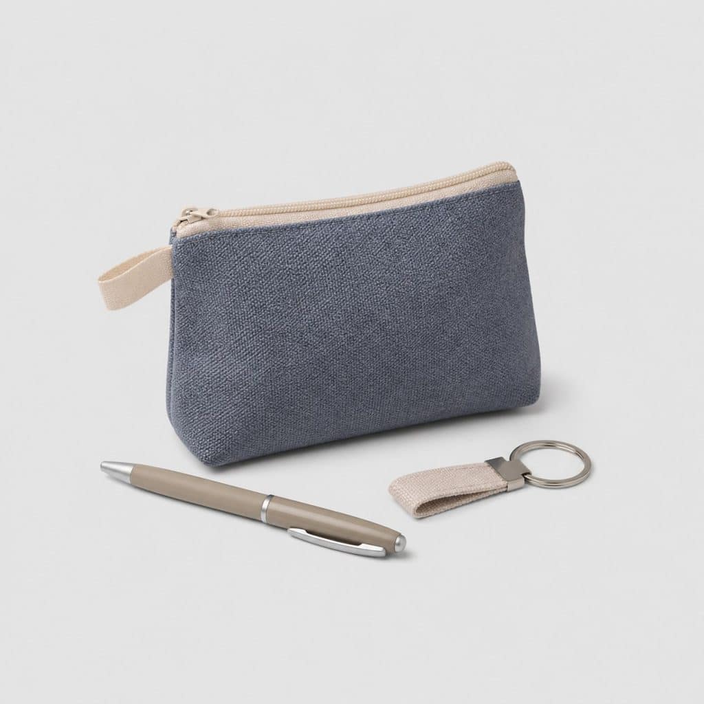 Mini-pochette avec stylo et porte-clés assortis sur fond clair