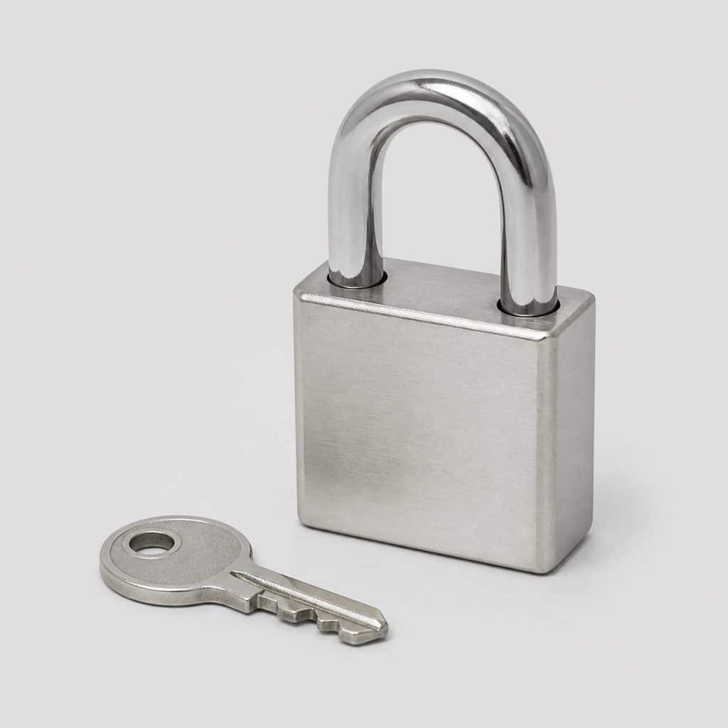 Petit cadenas carré en métal avec sa clé sur fond clair