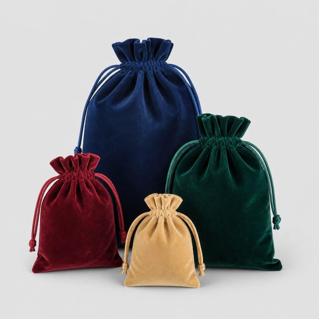 Lot de pochettes en velours à cordon sur fond clair