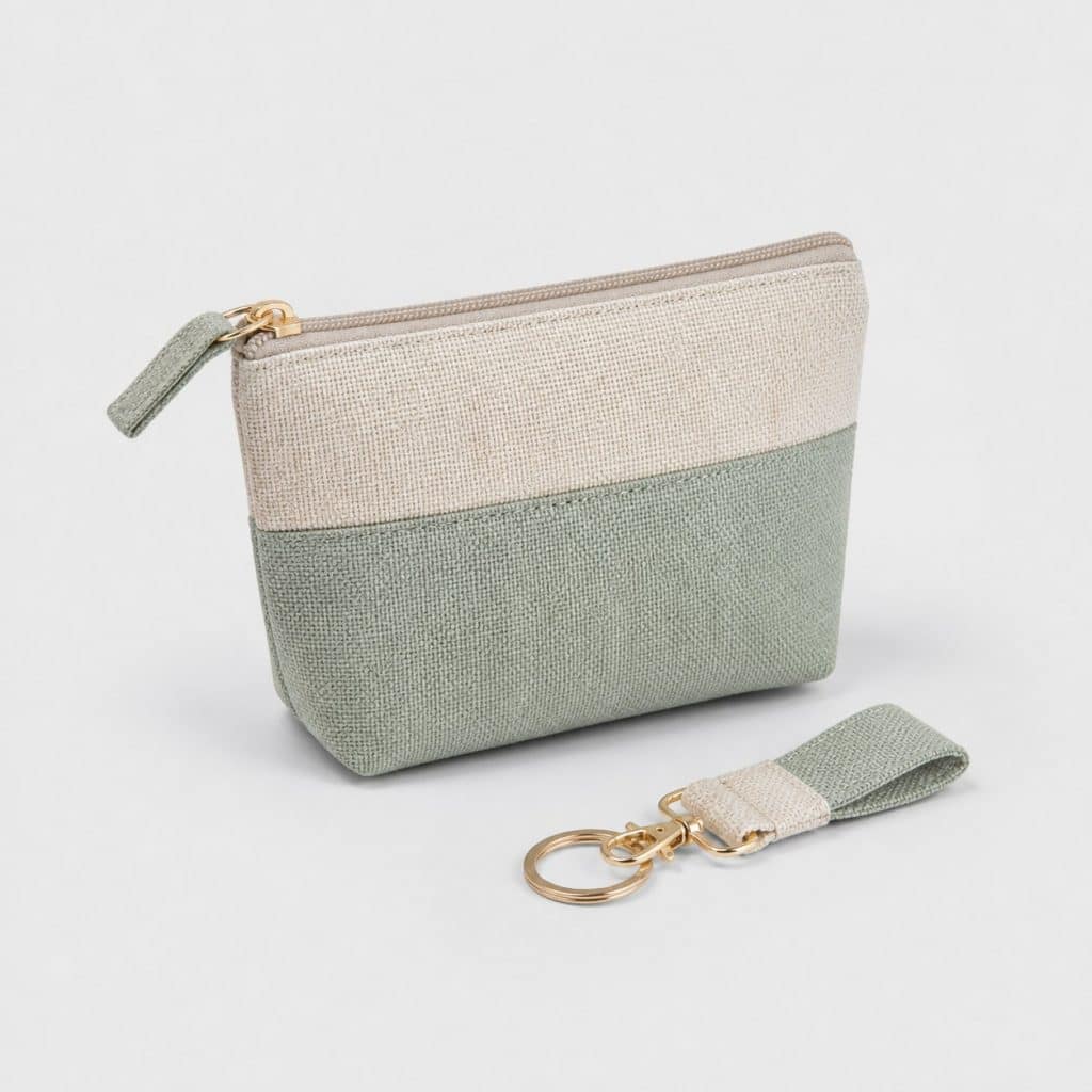 Petite pochette zippée avec porte-clés assorti sur fond clair