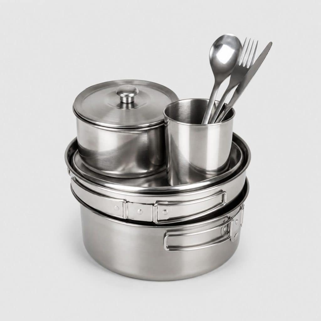 Kit de popote inox individuel sur fond clair studio