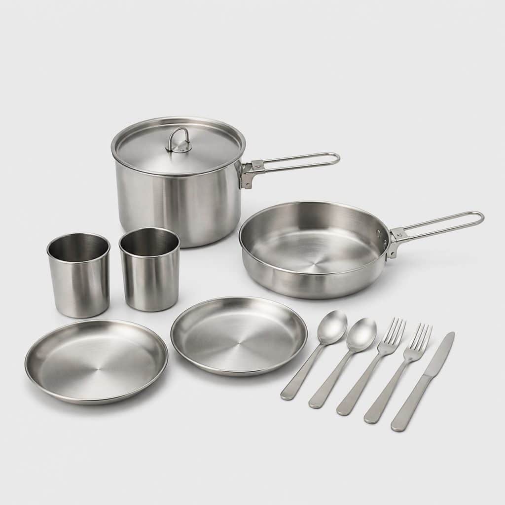 Kit de popote inox pour deux personnes sur fond clair studio
