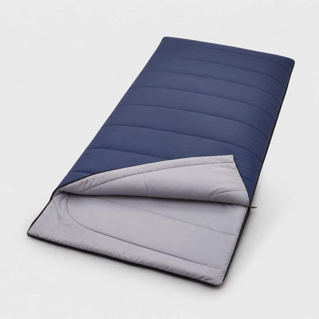 Sac de couchage rectangulaire ouvert sur fond clair