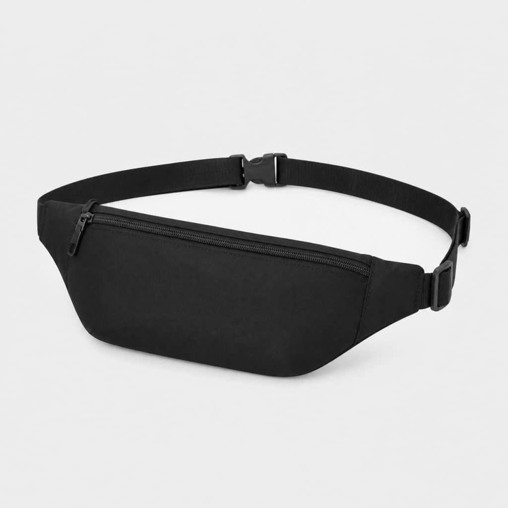 Sac banane plat noir avec ceinture ajustable sur fond clair