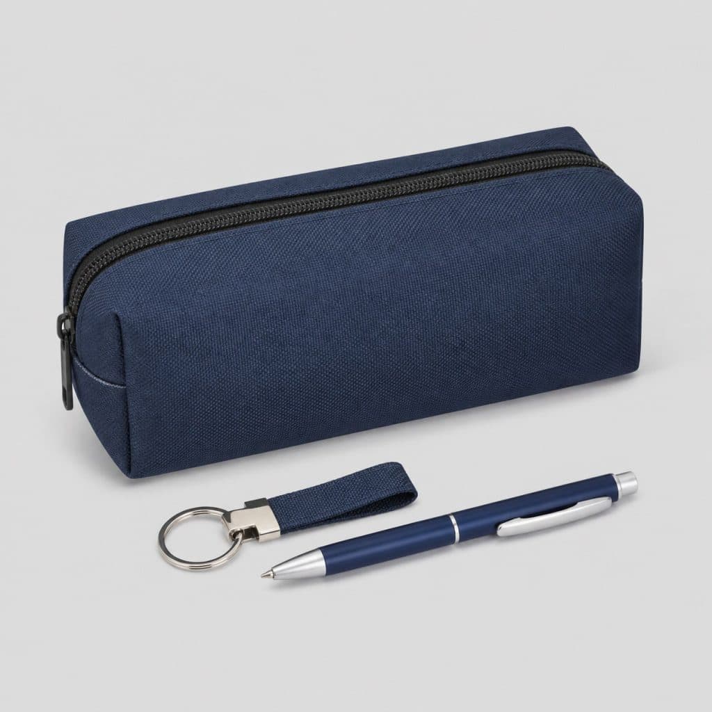 Trousse zippée avec porte-clés et stylo assortis sur fond clair